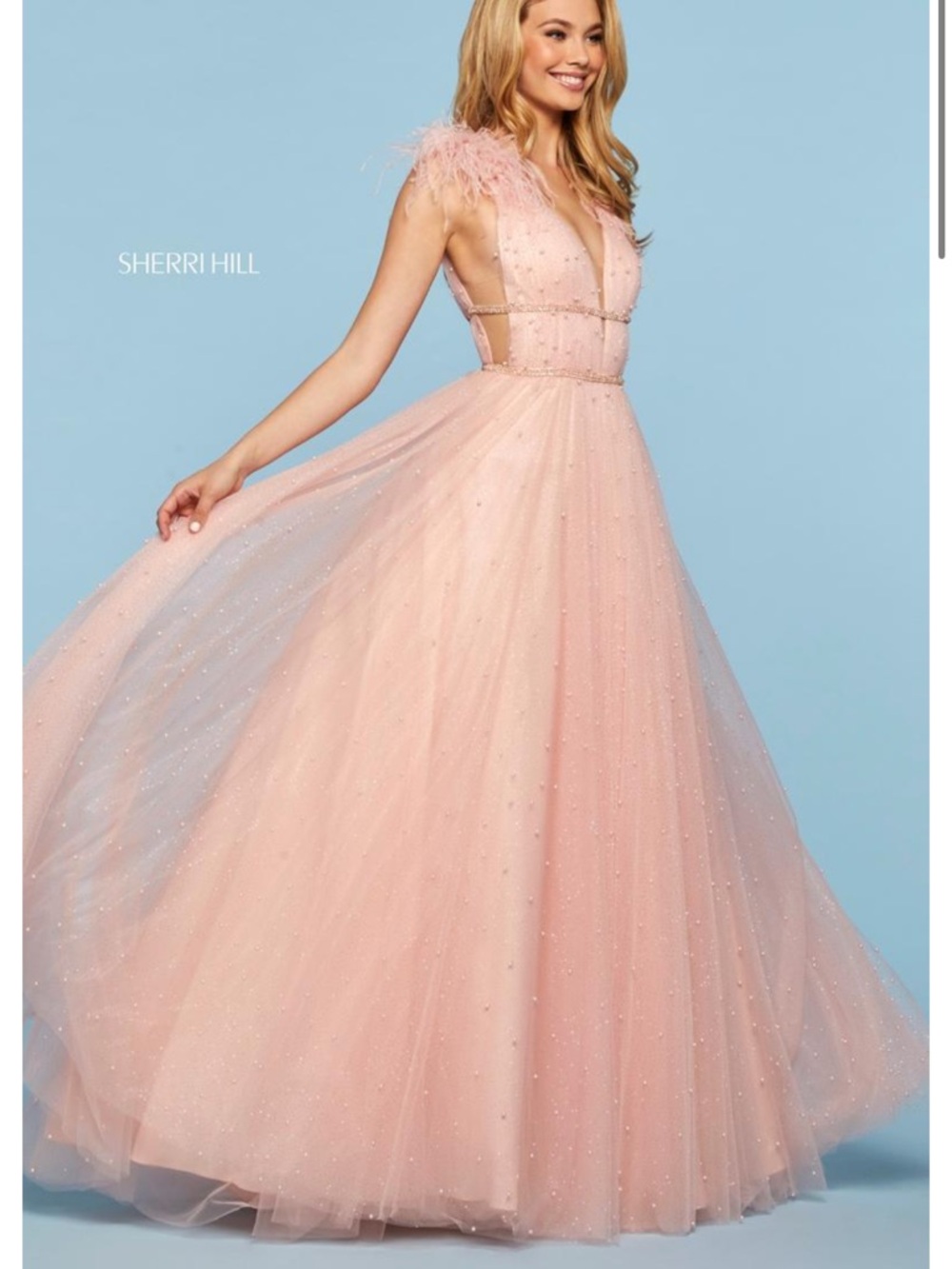 Sherri Hill Blush Pink Feather-Shoulder Prom Gown